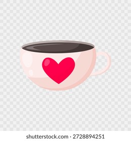 Beige cup of hot coffee or tea with heart. Americano icon. Isolated cup of coffee. Flat illustration. Design for cafes, coffee shops, posters, banners, advertisement. Valentines day design. Vector