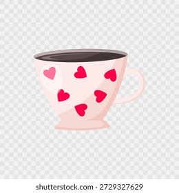 Beige cup of hot coffee or tea with hearts. Americano icon. Isolated cup of coffee. Flat illustration. Design for cafes, coffee shops, posters, banners, advertisement. Valentines day design. Vector