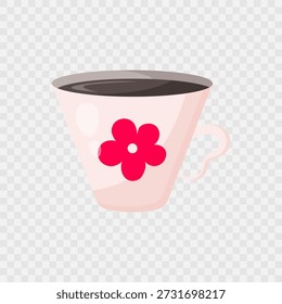 Beige cup of hot coffee or tea with flower. Americano icon. Isolated cup of coffee. Flat illustration. Design for cafes, coffee shops, posters, banners, advertisement. Valentines day design. Vector