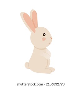 Bonito conejito beige de Pascua, sentado a un lado. Ilustración vectorial en estilo de caricatura