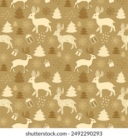 Beige Cute Hand Drawn Retro Seamless Pattern with Christmas Deer Animals and Pine Trees for Textile Designs or Wallpapers