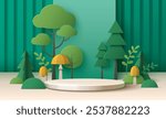 Beige cylinder platform surrounded by paper crafted woodland elements. Vibrant green trees and bushes with yellow mushrooms on verdant wall background. Realistic 3d layered papercut forest design.