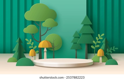 Plataforma cilíndrica beige rodeada de Elementos de madera hechos a mano con papel. Árboles y arbustos verdes vibrantes con setas amarillas sobre fondo de pared verde. Diseño realista de bosque de papercut en capas en 3D.