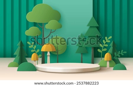 Beige cylinder platform surrounded by paper crafted woodland elements. Vibrant green trees and bushes with yellow mushrooms on verdant wall background. Realistic 3d layered papercut forest design.