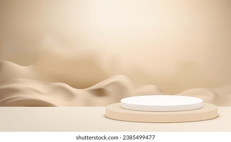 Beige cylinder podium with sand desert smoke wall background for product presentation realistic vector illustration. Neutral pedestal abstract dune showroom empty space for sale commercial promo