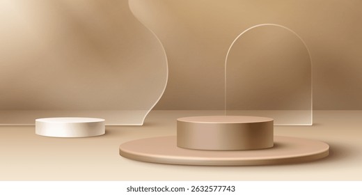 Beige cylindrical podiums or pedestals in varying heights - round platform stages for showcasing products. Soft brown minimalist background with elegant 3d stages, wavy backdrop and glass arch