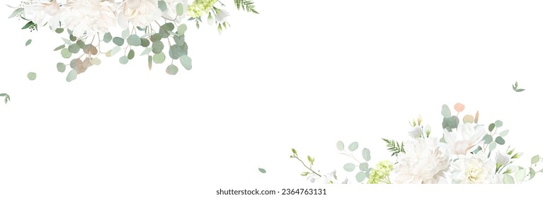 Dalia beige, peonía blanca, magnolia, ranunculus rubor, eucalipto, vegetación, marco de diseño vectorial de helecho. Bodas de flores de temporada. Composición de banner de acuarela floral. Aislado y editable