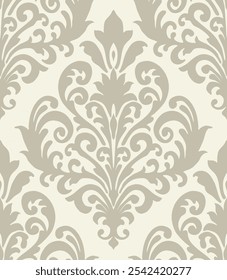 Beige damask floral pattern on a light cream background with symmetrical ornamental design. Damask seamless pattern.