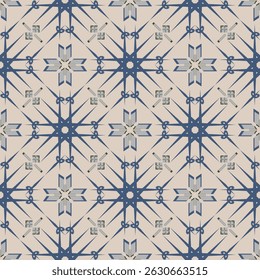 Motif de tissu beige et bleu foncé avec des motifs géométriques ressemblant à des étoiles et des fleurs, avec des carrés et des lignes vives, donnant une sensation classique et luxueuse.