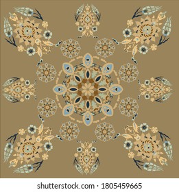Beige and dark blue patterns on the camel background