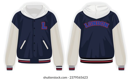 Beige dark blue varsity jacket front and back view, vector mockup illustration