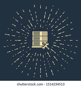 Beige Database server with screwdriver and wrench icon isolated on dark blue background. Adjusting, service, setting, maintenance, repair, fixing. Abstract circle random dots. Vector Illustration