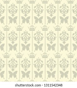 Beige decorative wallpaper background pattern with crowns, butterflies for your design. Vector graphic.