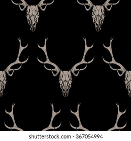 Beige deer skull on a white background .Vector seamless pattern