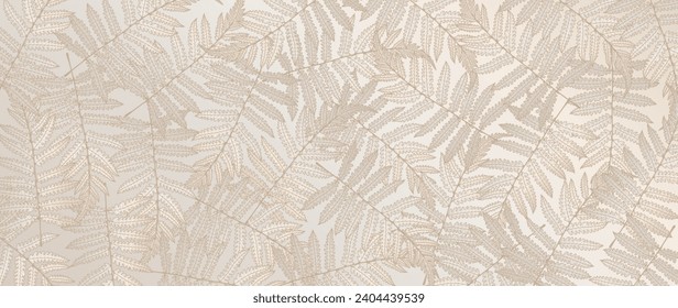 Beige delicate botanical background with fern branches. Botanical card, poster, banner, cover.