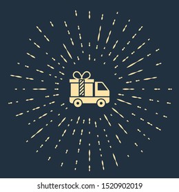 Beige Delivery truck with gift icon isolated on dark blue background. Abstract circle random dots. Vector Illustration