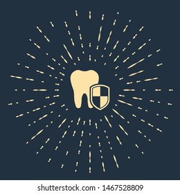 Beige Dental protection icon isolated on dark blue background. Tooth on shield logo. Abstract circle random dots. Vector Illustration