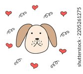 Beige dog with floppy ears and hearts. Vector isolated image on white background for web design or print