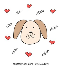 Beige dog with floppy ears and hearts. Vector isolated image on white background for web design or print