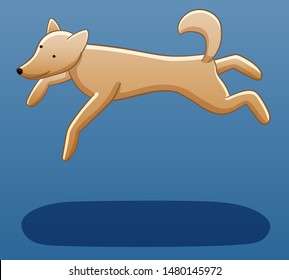 A beige dog levitates in the air. There is shadow below it on the ground. Blue background, vector.