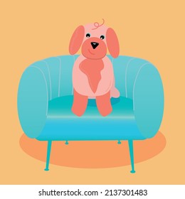 The beige dog sits on the blue chair and yellow background