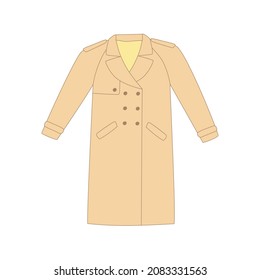 Beige doodle trench coat with pockets and buttons. Men and women autumn or spring clothes. Isolated vector illustration 