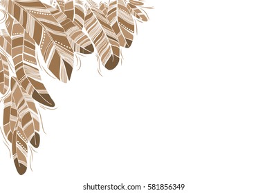 Beige drawn feathers background in retro style.