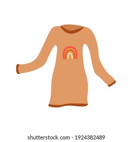 Beige dress with print in the form of a rainbow. Piece of clothing, cozy womans dress, tunic. Colorful vector isolated hand drawn illustration, boho colors