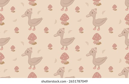 Beige Duck and Mushrooms Seamless Pattern for Autumn Kids Design