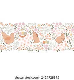 Beige Easter hen, flowers, baby rabbit, eggs, floral seamless border. Vector spring tiny flowers and farm animal illustration. Pastel hand drawn repeat background for Easter holiday summer farm life.