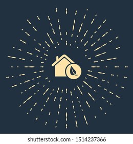 Beige Eco friendly house icon isolated on dark blue background. Eco house with leaf. Abstract circle random dots. Vector Illustration