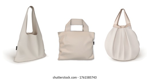 Beige Öko-Taschen aus Stoff, Einkaufstaschen verschiedener Formen. 3d realistisches Muster, Vorlage für Design. Vektorgrafik einzeln auf weißem Hintergrund.