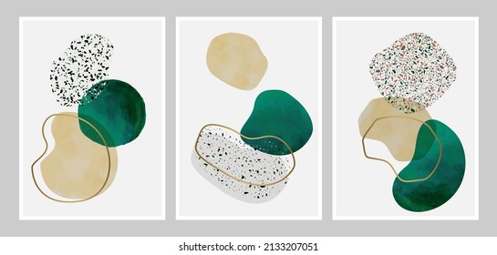 Beige and Emerald Green Mid-Century Modern Abstract Digital Artwork for Print
