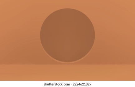 Beige empty 3d showroom geometric studio background for product promo performance realistic vector illustration. Brown museum exhibition display circle hole window entrance minimalist rendering space