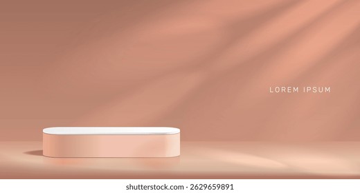 Beige empty background with 3d podium and sun rays on the wall.