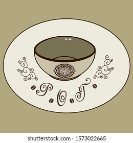 beige empty ceramic bowl decorated with abstract flower on an oval background with hand written inscription Pot, vector clip art