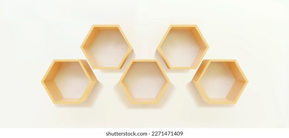 Estantes de hexágono beige vacíos en la parrilla 3D de la pared blanca. Compra, galería de plástico o vitrina de madera para presentar el producto. Espacio de almacenamiento comercial en blanco. Mobiliario de diseño interior. Librería de salón