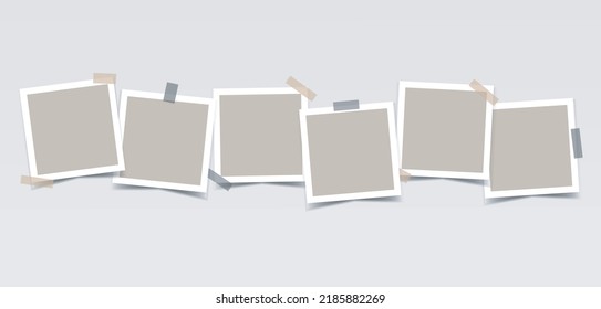 Beige empty photo frames with duct tape in a row. Vector realistic mockup for design, presentations, photos. Six square photo cards with white border. Blank Template. EPS10.