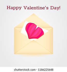 Beige envelope with 3d paper cut effect heart. Declaration of love concept. Vector illustration