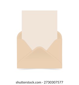 Un sobre beige con una tarjeta de felicitación o carta vacía. Una Plantilla de sobre con un pedazo de papel. Ilustración vectorial