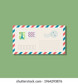 Beige envelope with frame of blue and red stripes. Postage stamps with Eiffel Tower and strawberries. With shadow, isolated on green background. Vector illustration, trendy style, cozy pastel colours