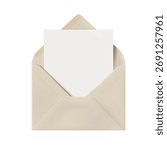 Beige envelope with paper blank greeting card or letter. Realistic vector illustration of envelope with sheet paper ,template