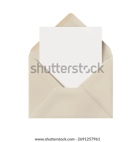 Beige envelope with paper blank greeting card or letter. Realistic vector illustration of envelope with sheet paper ,template
