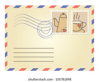 beige envelope with postage stamps on white background