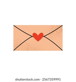 Beige envelope with a red heart seal. Great for Valentine's Day cards, love letters, and romantic designs. Flat vector illustration isolated on white background.