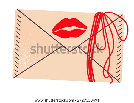 Beige envelope with red seal in the shape of seductive lips. Great for Valentine's Day cards, love letters and romantic designs. Flat vector illustration isolated on white background.