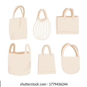 Beige fabric cloth or paper bag. Bags with recycling, green leaf and ECO. Replacement plastic bags. Save Earth ecology. Flat vector illustration isolated on white background. Zero waste.