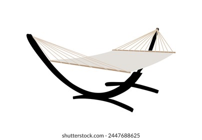 Beige fabric hammock hanged on metal frame.