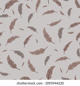 Beige feathers of different shades on a light background, vector pattern for paper, textile, fabric, decor