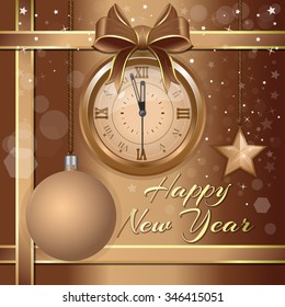 Beige festive background with a gold watch and Christmas decorations. Happy New Year. Vector Christmas card.